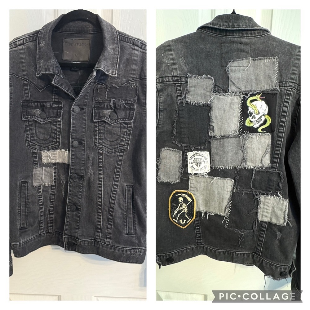True Religion Punk Patchwork Jimmy Black Denim Trucker Jacket Size L MSRP $269